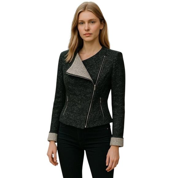 BNCI by Blanc Noir Sweater JKT Womens Small Black White Tweed Moto Asymmetrical - Picture 3 of 8